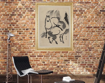 Antique Horses Art Print, Restored Asian Artwork
