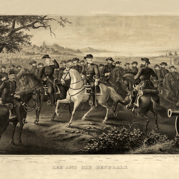 General Robert E. Lee Vintage Art Print 1867 Shown With His Generals (From Original Sketch by Tholey)