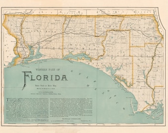 Antique 1890 Western Florida Map Print, Gulf of Mexico Wall Art