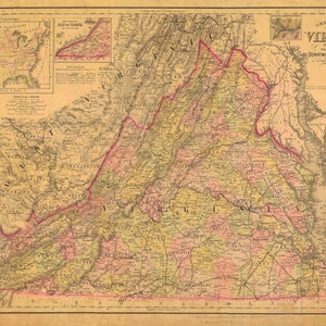 1886 Virginia Map Print Produced From an Old, Vintage, Antique Map. Decorative Map Wall Art. The Split of the Regions During the Civil War.