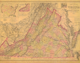 1886 Virginia Map Print Produced From an Old, Vintage, Antique Map. Decorative Map Wall Art. The Split of the Regions During the Civil War.