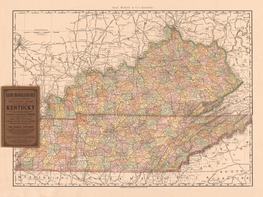 1892 Kentucky Map Print, Antique Rand Mcnally Wall Art Etsy