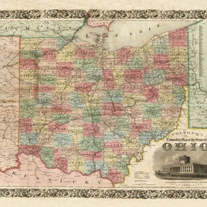 1851, Ohio, Old Ohio Map. Ohio State Map. Showing all the Townships. Produced From an Old Ohio Map, Vintage Ohio Map, Antique Map.