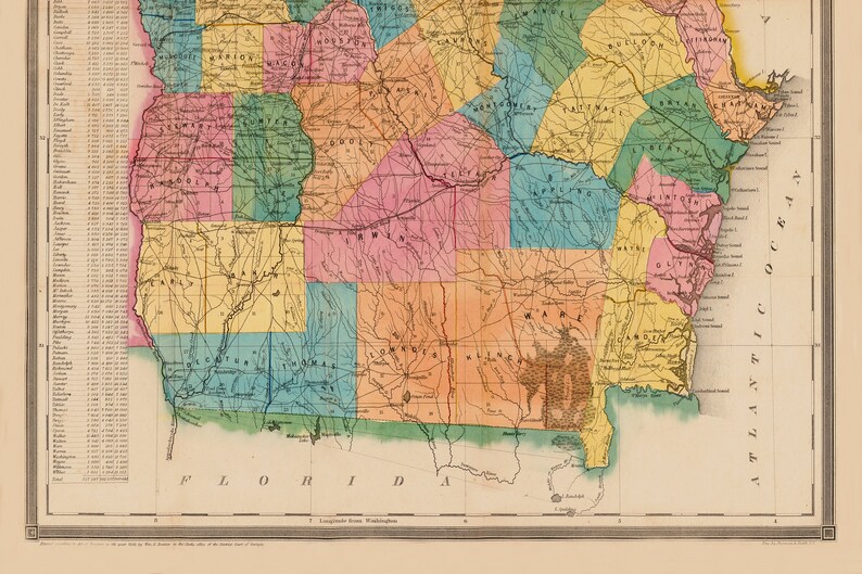 May include: A vintage map of the state of Georgia, showing the counties and their boundaries. The map is colour-coded, with each county represented by a different colour. The map also includes a key that identifies the counties by name and colour.