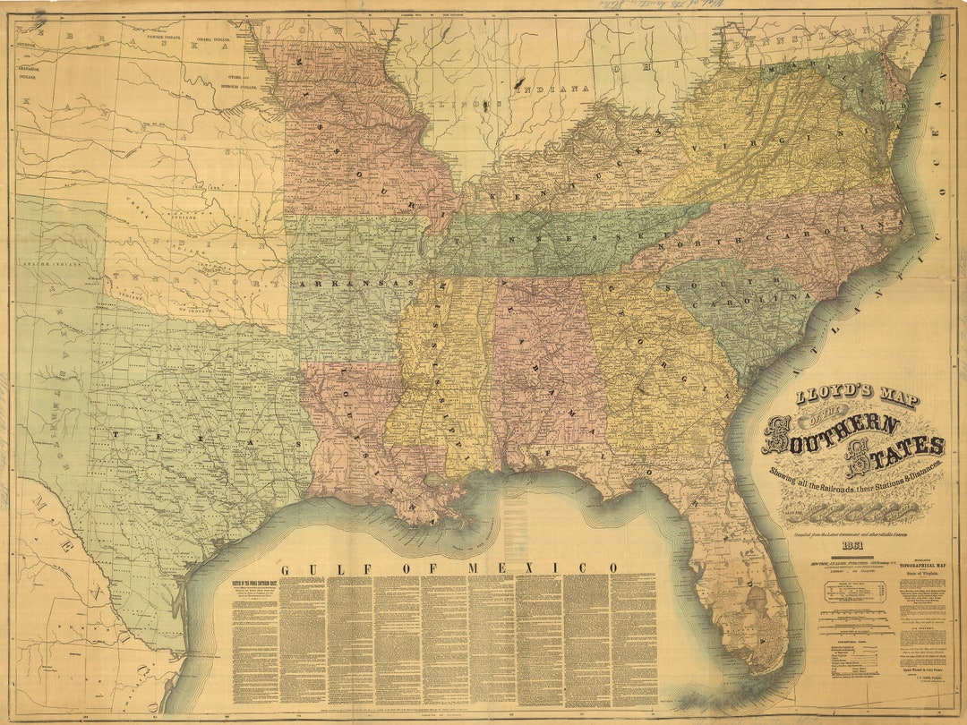 1861 Southern States Antique Map Print, Railroads & Distances - Etsy