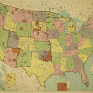 May include: A vintage map of the United States showing the locations of Indian Reservations. The map is divided into five regions, numbered 1 through 5. The map is titled "Map Indian Reservations in the United States" and is dated 1912.