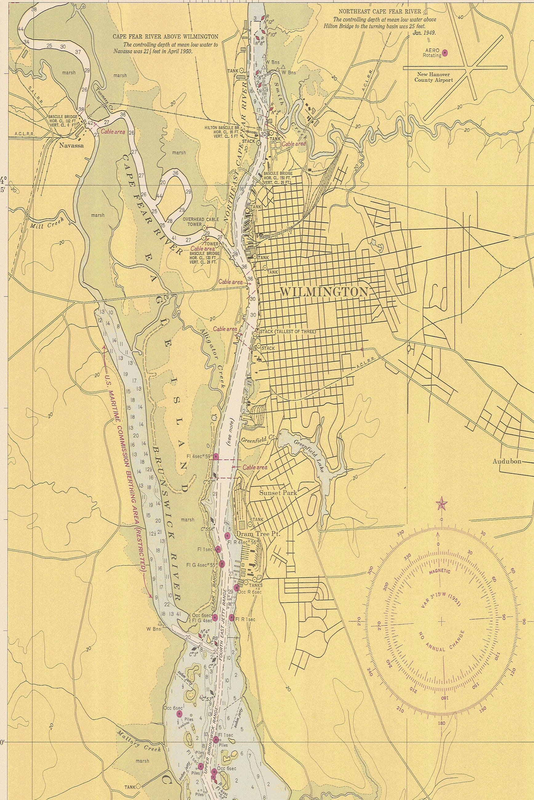 Cape Fear River 1950 Vintage Map Print, Wilmington North Carolina Wall ...