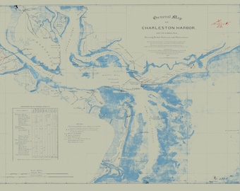 Charleston Harbor Civil War Map, 1865, Antique Vintage Style