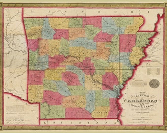 1852, Arkansas Map, Arkansas, Old Arkansas Map, Produced From an Old, Vintage, Antique Map. Decorative Map Wall Art. Border States.