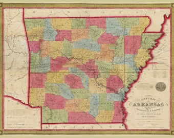 1852, Arkansas Map, Arkansas, Old Arkansas Map, Produced From an Old, Vintage, Antique Map. Decorative Map Wall Art. Border States.