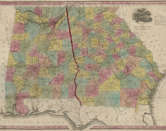 1853 Alabama and Georgia Map Print, Restored Vintage Wall Art
