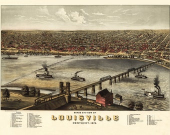 May include: A vintage bird's eye view illustration of Louisville, Kentucky in 1876. The illustration shows the city from above, with the Ohio River running through the center. There are several bridges crossing the river, and numerous buildings and houses can be seen in the city.