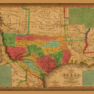 1835, Texas Map, Old Texas Map, Texas, Produced From an Old, Vintage, Antique Map Featuring Unusual Remarks. Decorative Map Wall Art.
