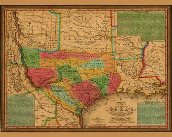 1835 Texas Map Print, Vintage Land Grants, Decorative Wall Art