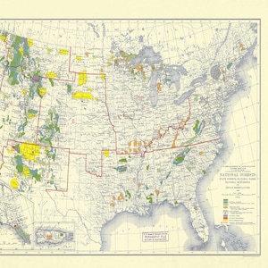 1936, Mapa del Servicio Forestal de los Estados Unidos, Mapa de los Bosques Nacionales con Monumentos, Bosques Estatales y Reservas Indígenas. Impresión realizada a partir de un mapa antiguo.