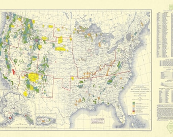 1936 US Forest Service Map Print, National Forests, Vintage Wall Art