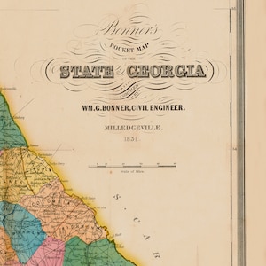 May include: An antique map of the state of Georgia, printed in 1851. The map is divided into counties, each coloured differently. The map includes a scale of miles and the title "Bonner's Pocket Map of the State of Georgia, Compiled by Wm. G. Bonner, Civil Engineer, Milledgeville, 1851."
