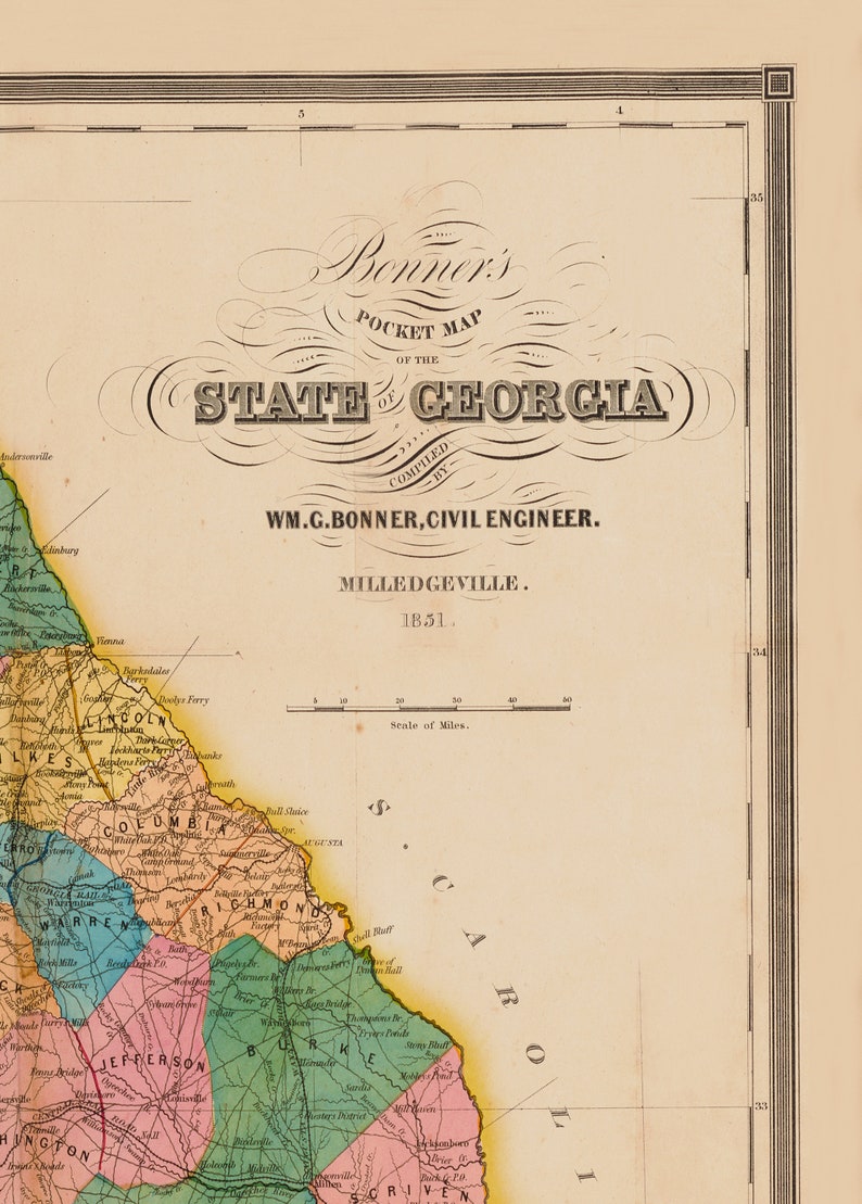May include: An antique map of the state of Georgia, printed in 1851. The map is divided into counties, each coloured differently. The map includes a scale of miles and the title "Bonner's Pocket Map of the State of Georgia, Compiled by Wm. G. Bonner, Civil Engineer, Milledgeville, 1851."
