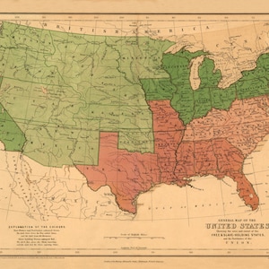 1857, United States Map, Old USA Map, Produced From an Old, Vintage, Antique Map. Featuring Free and Slave Holding States
