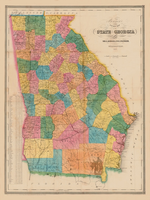 1851 Georgia Map Print , Vintage Decorative Art