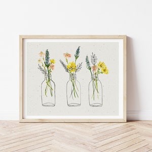 Bottles of Wildflowers Print | Botanical Painting | Watercolor Floral Art Print | Wildflower Wall Art | Minimal Artwork | Floral Home Decor