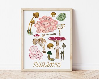 Pink Mushroom Art Print | Botanical Painting | Marker Art Print | Pink Mushroom Wall Art | Kitchen Artwork | Mushroom Home Decor
