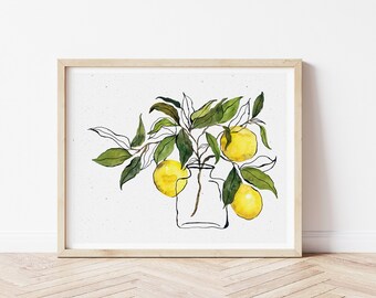 Lemon Branch Watercolor Print | Botanical Painting | Watercolor Art Print | Wildflower Wall Art | Minimal Artwork | Floral Home Decor