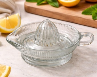 Exprimidor de cítricos de vidrio vintage de los años 70, prensa manual, transparente, acanalado.