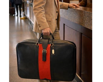 Vintage 70s Black Leather Luggage Briefcase Red Stripe Locking Travel Case