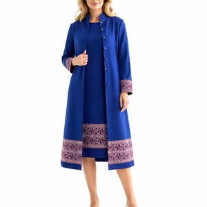 Vintage 70er Jahre Damen Large Leslie Pomer Navy Dress & Jacket Set Pattern Trim