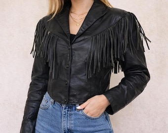 Vintage 80s DRevi Black Leather Fringe Jacket Western Biker Women’s S/M