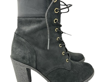 Timberland Glancy Women's 6.5 Heeled Boot Black Nubuck Lace Up