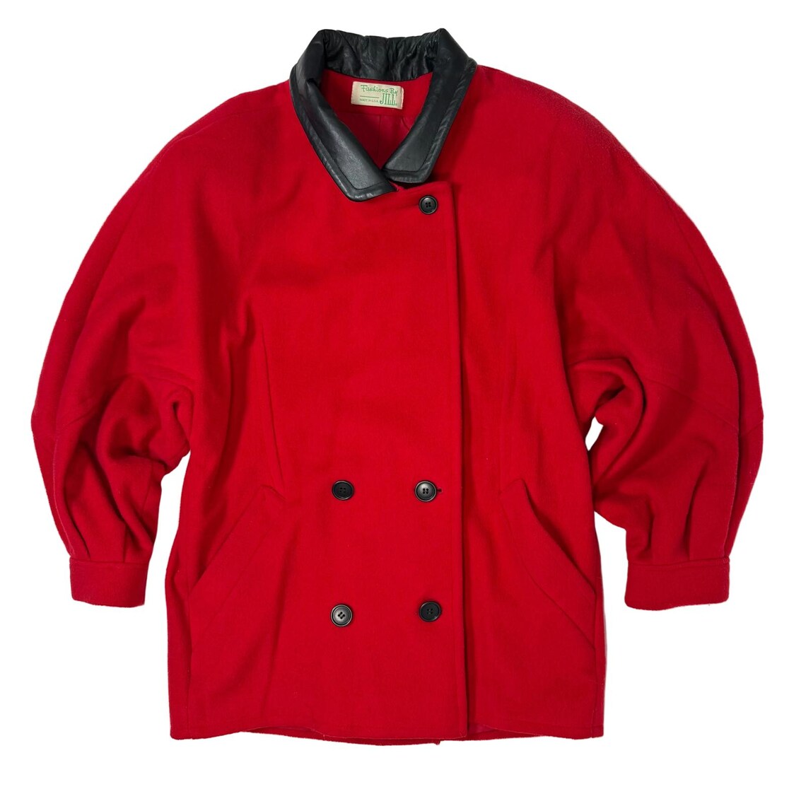 Vintage 80s Red Wool Coat Jacket Leather Collar Women's Medium Power Shoulder, Foto 3 von 5