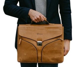 Vintage 90s Vicenzo Leather Briefcase Laptop Messenger Bag Camel Brown