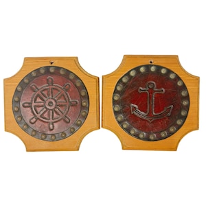 Vintage 70s Nautical Wood Trivets Anchor Ship Wheel Wall Hanging Set