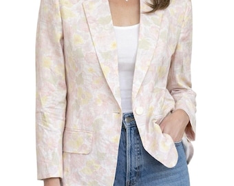 Blazer de lino rosa con estampado floral para mujer, estilo vintage de los años 90, de Liz Claiborne, talla 4P, con hombreras.