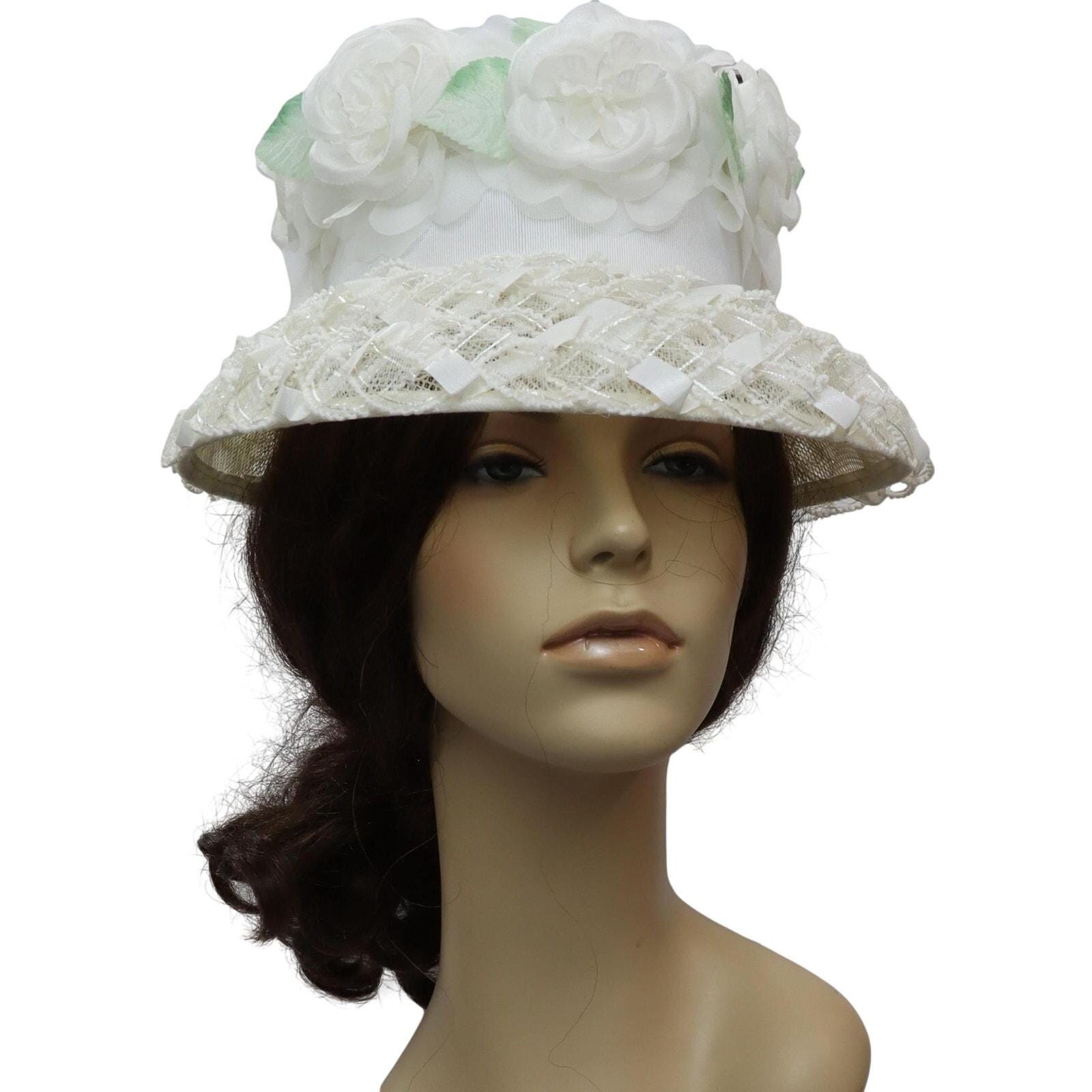 Vintage 60s White Floral Bucket Hat Lace Chiffon Union Label  display picture 3