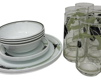 Corelle Black Orchid 12 Pc Dinnerware Set + 6 Glasses Green Floral Plates Bowls