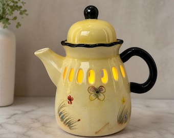 Vintage 90s Żółty ceramiczny podgrzewacz do świec, osłona na czajniczek z wycięciami kwiatowymi