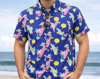 Joe Marlin Men’s Large Blue Surf Print Button Down Shirt 80s Retro Vibe Cotton