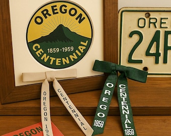 Vintage 1959 Oregon Centennial Ribbon Clip Ties Cream & Green Set