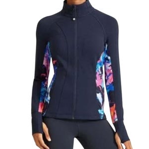 Athleta Women XXS Track Jacket Navy Floral Zip-Up Activewear Top