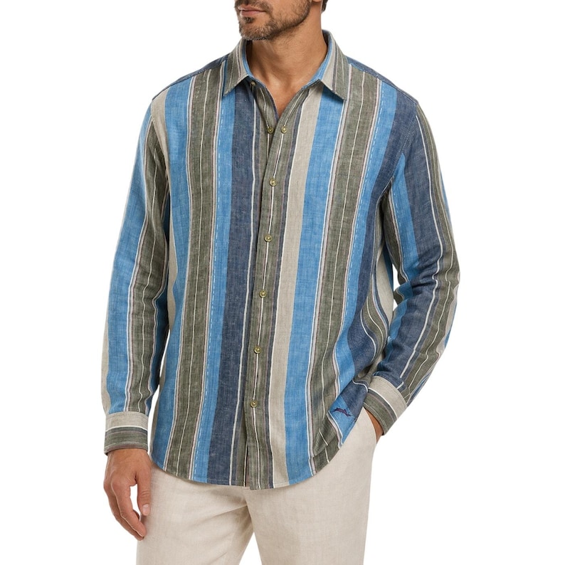 Koszula lniana Tommy Bahama w paski XXL, niebieska, z długim rękawem i guzikami zdjęcie 1