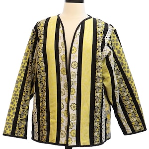 Vintage 1970s Handmade Quilted Jacket Yellow Black Patchwork Women’s L/XL
