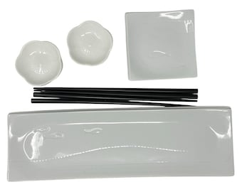 Crate & Barrel White Ceramic Sushi Set for 2 Plates Bowls Chopsticks