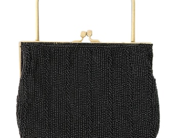 Vintage 70s Ruchere Black Beaded Gold Frame Evening Purse