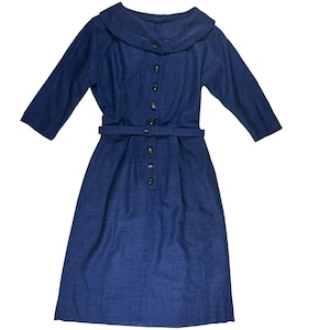 Vintage 1940s Blue Wool Dress Home Stitched