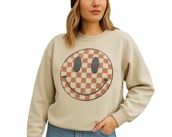 Sudadera a cuadros con cara sonriente, color beige, para mujer, talla pequeña y acogedora