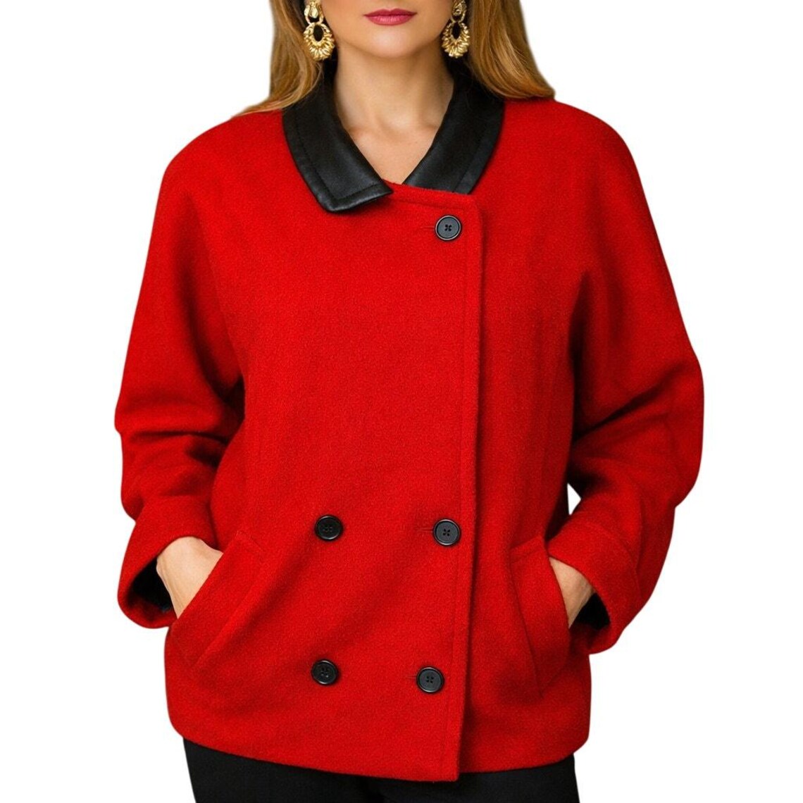 Vintage 80s Red Wool Coat Jacket Leather Collar Women's Medium Power Shoulder, Foto 2 von 5