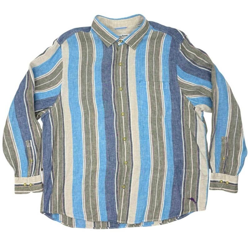 Koszula lniana Tommy Bahama w paski XXL, niebieska, z długim rękawem i guzikami zdjęcie 3